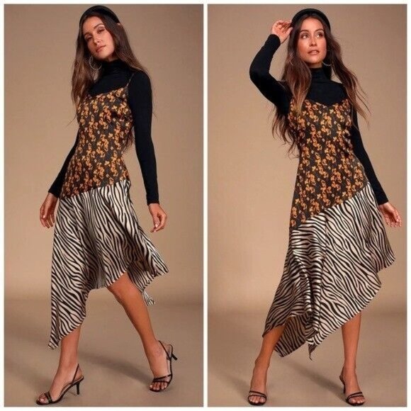 Lulu’s Gold Mine Black Multi Print Satin Asymmetrical Midi Dress Size Medium - Picture 2 of 12